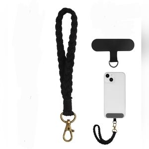 Boho Macrame Phone Wrist Strap/ Cell Phone Lanyard with Tether Tab In Black